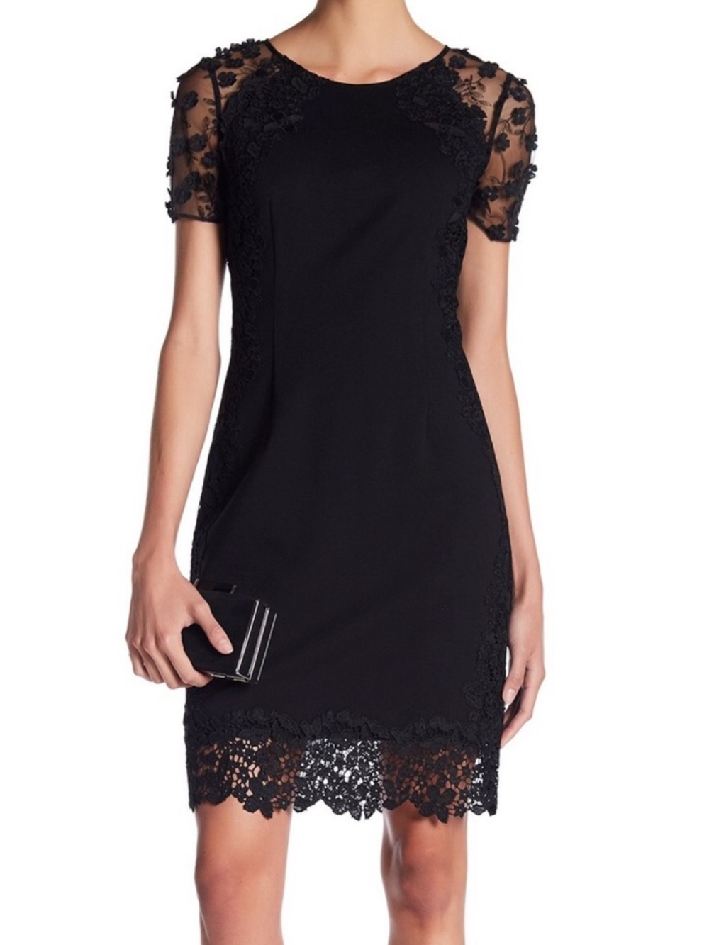 Elie Tahari Yadira Black Lace-Detail Short Sleeve Sheath Dress Size 6